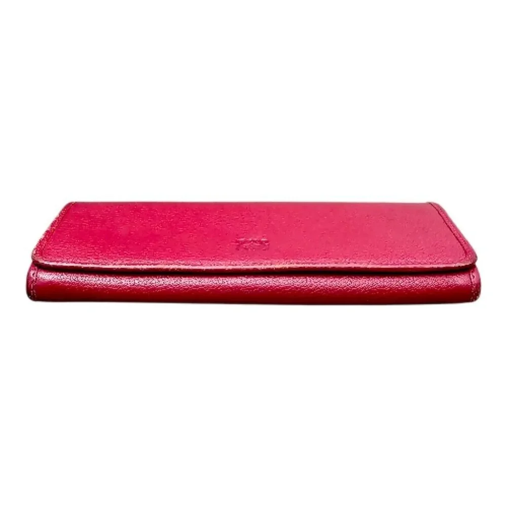 Loewe Pebble Leather Flap Snap Long Red Berry Bi-fold Clutch Continental Wallet